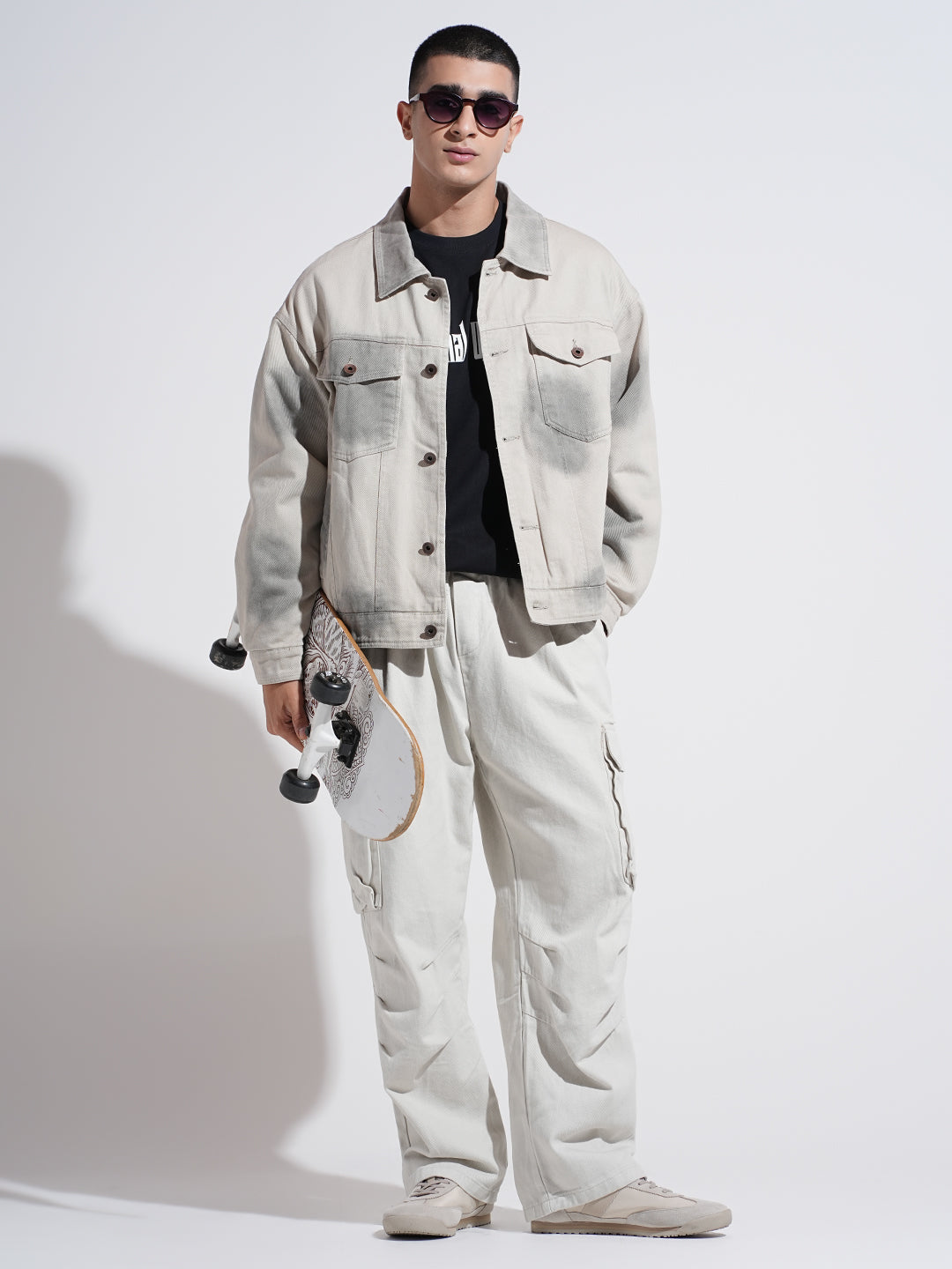 Men's Grey Washed Effect Denim Button Down Jacket