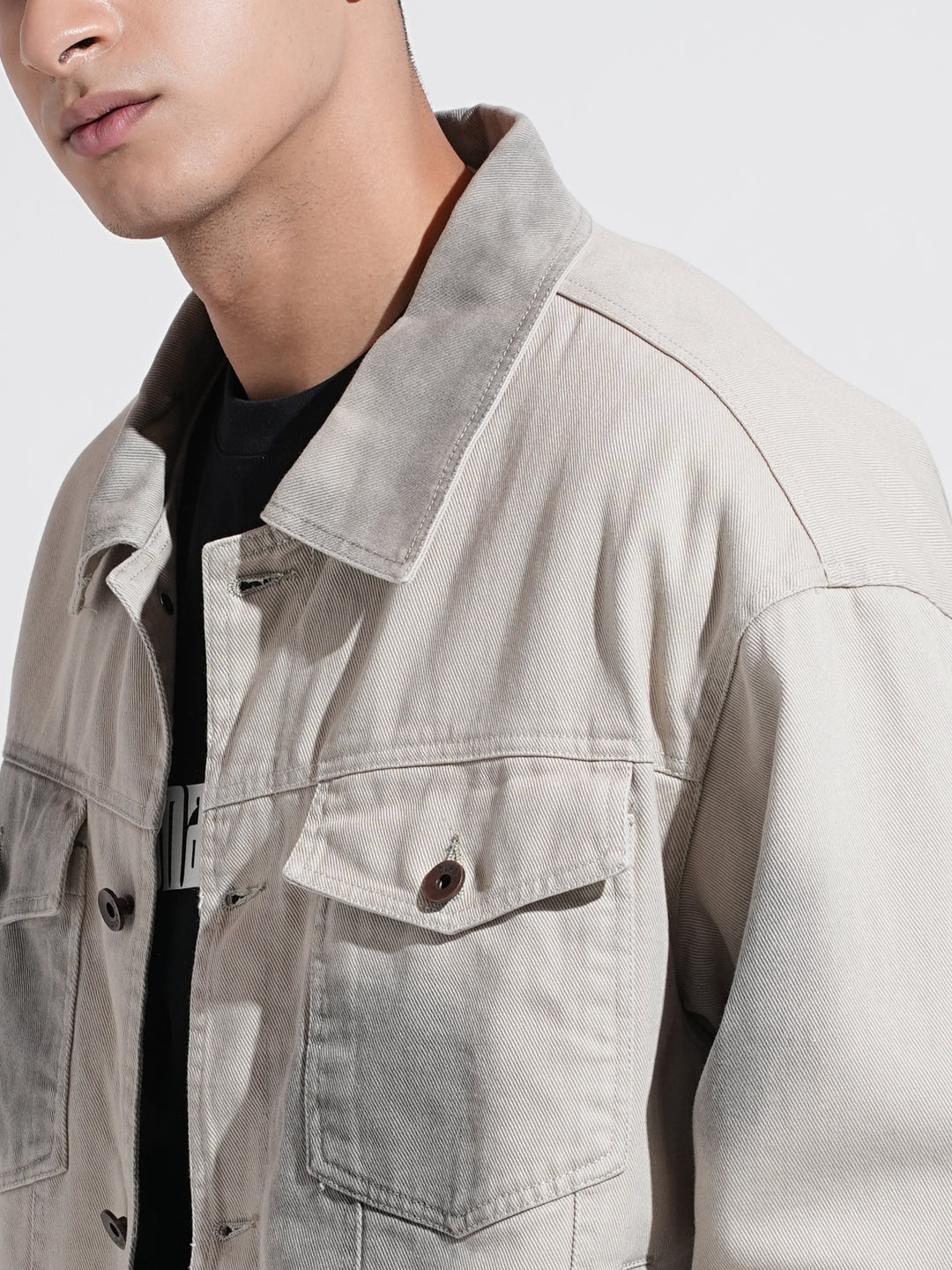 Men's Grey Washed Effect Denim Button Down Jacket