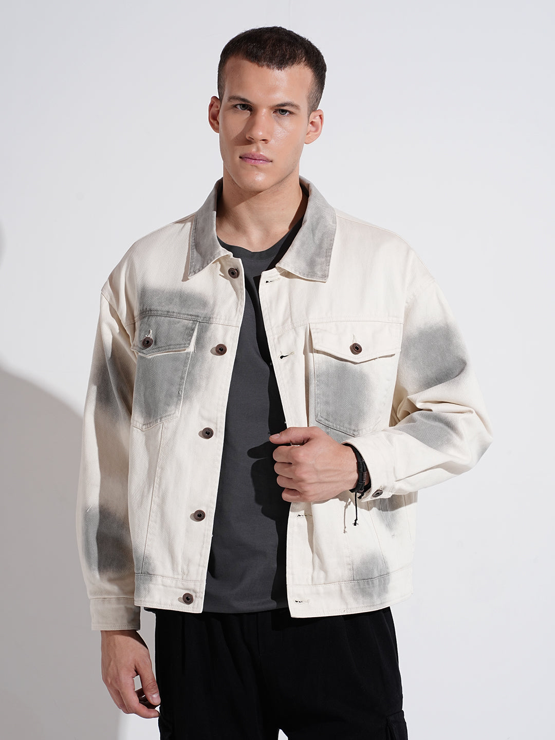 Men's Off White Washed Effect Denim Button Down Jacket