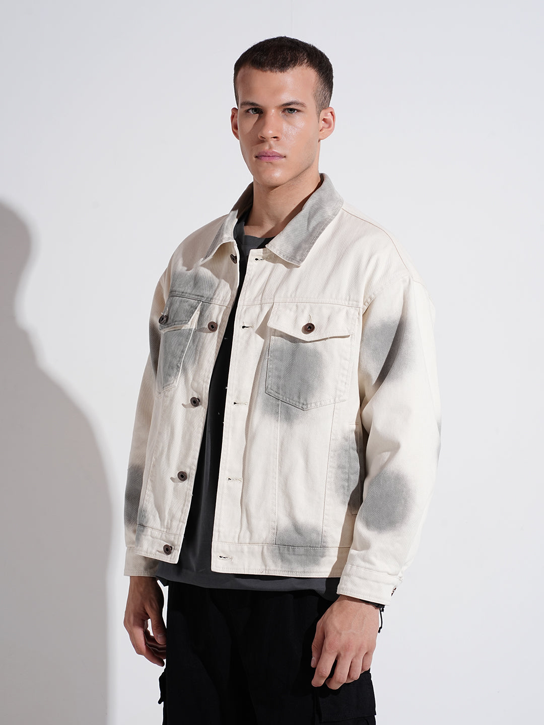 Men's Off White Washed Effect Denim Button Down Jacket