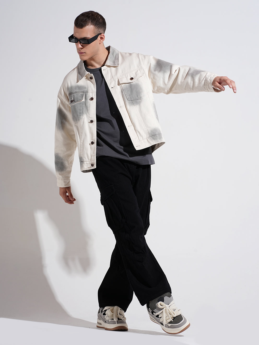 Men's Off White Washed Effect Denim Button Down Jacket