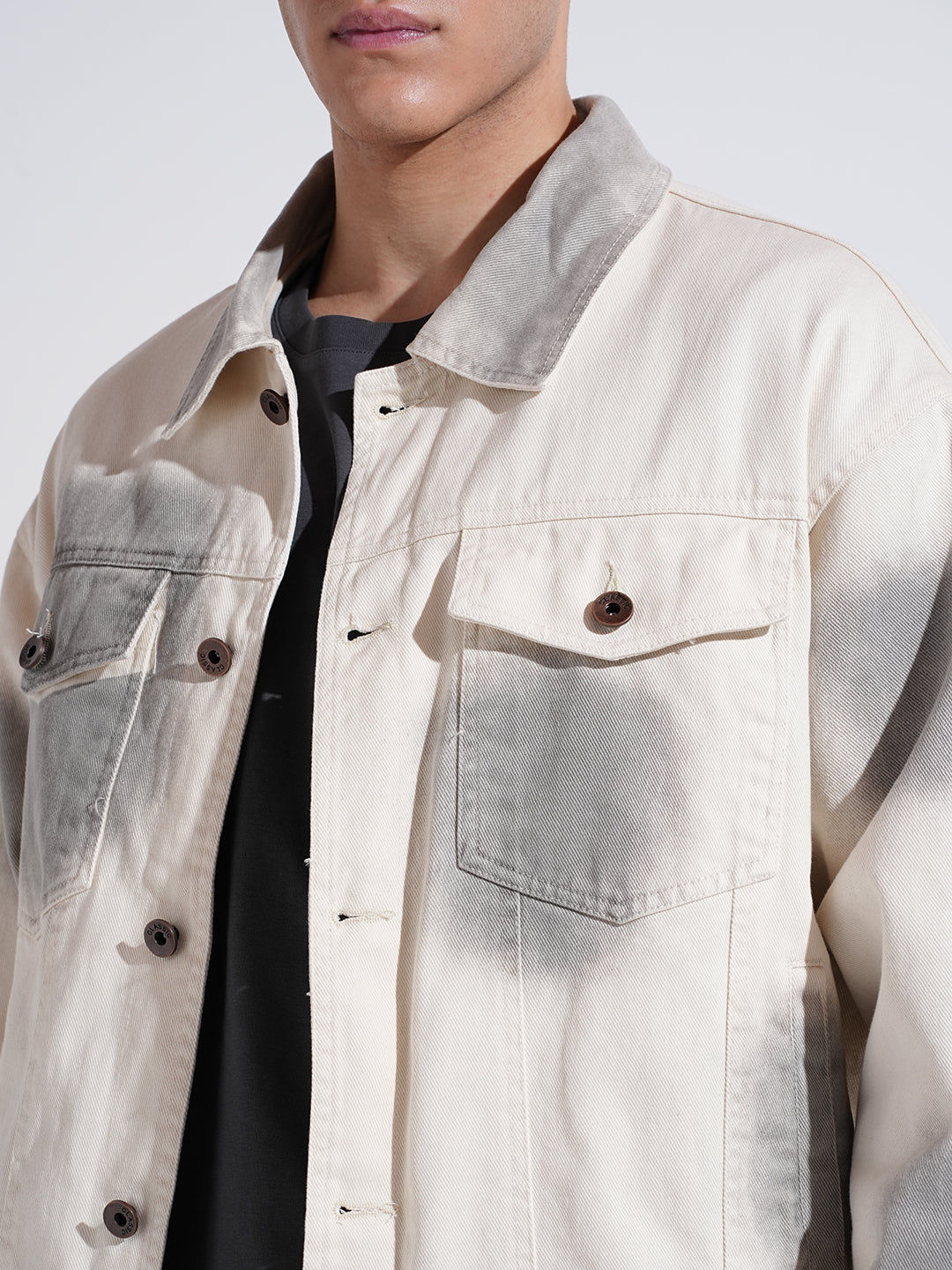 Men's Off White Washed Effect Denim Button Down Jacket