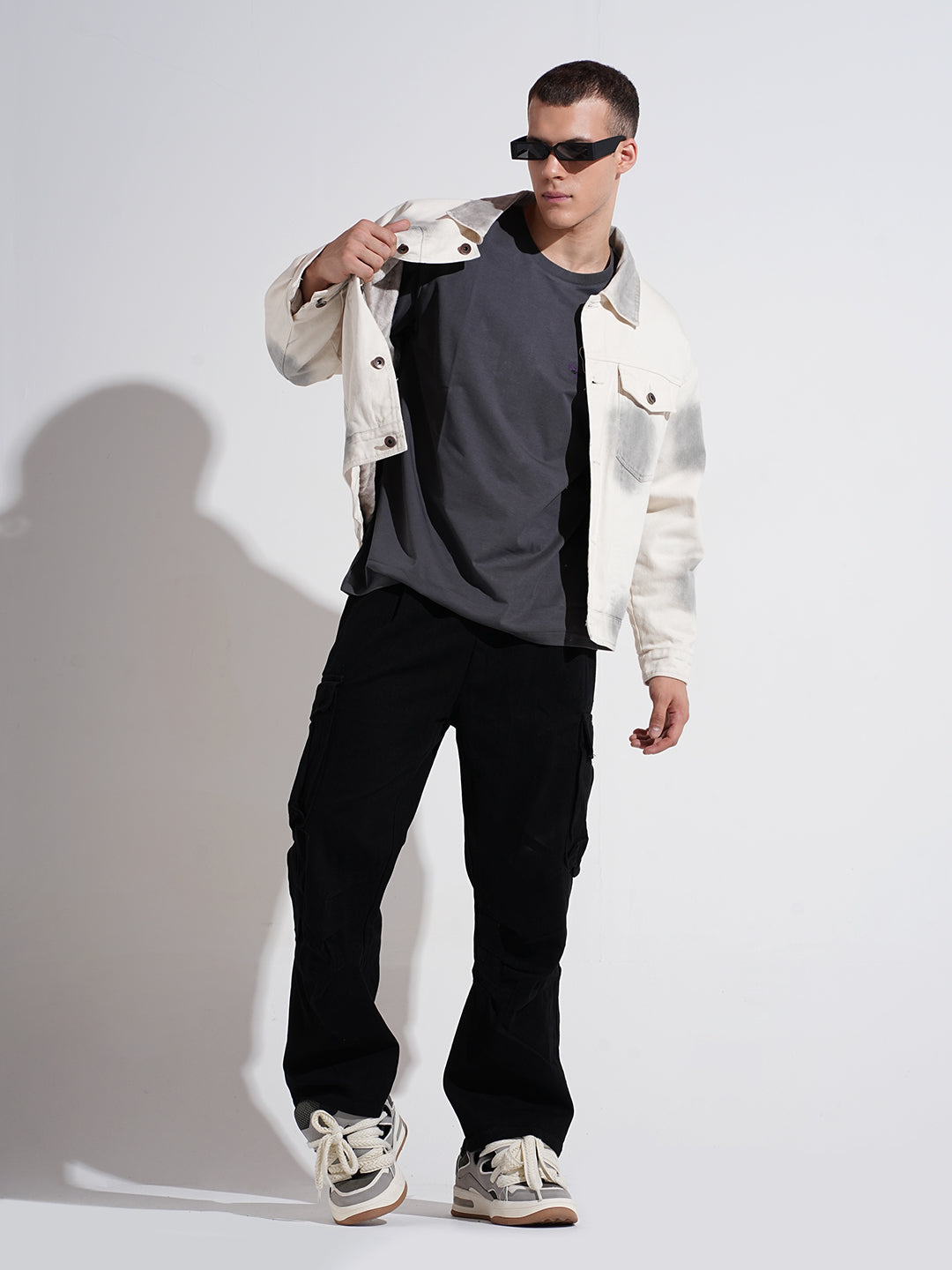 Men's Off White Washed Effect Denim Button Down Jacket