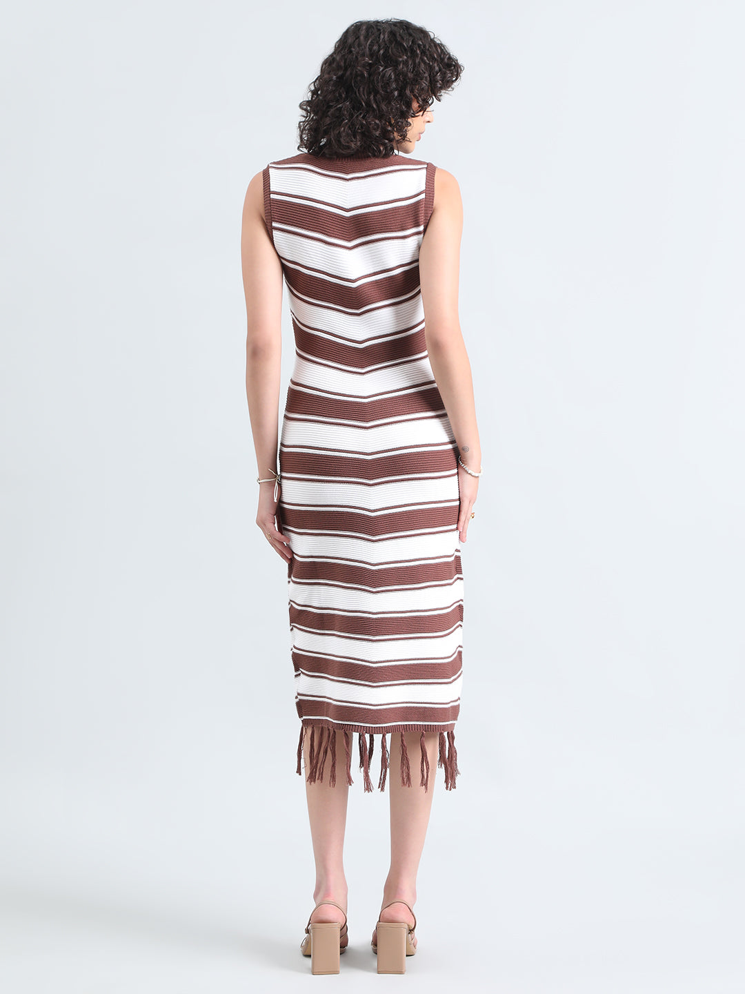 Women's Ribbed Brown Striped Midi Dress with Fringe Detail