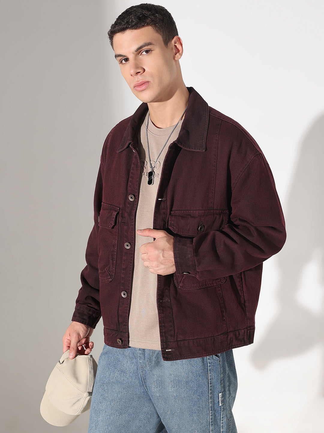 Men's Burgundy Washed Denim Jacket with Utility Pockets