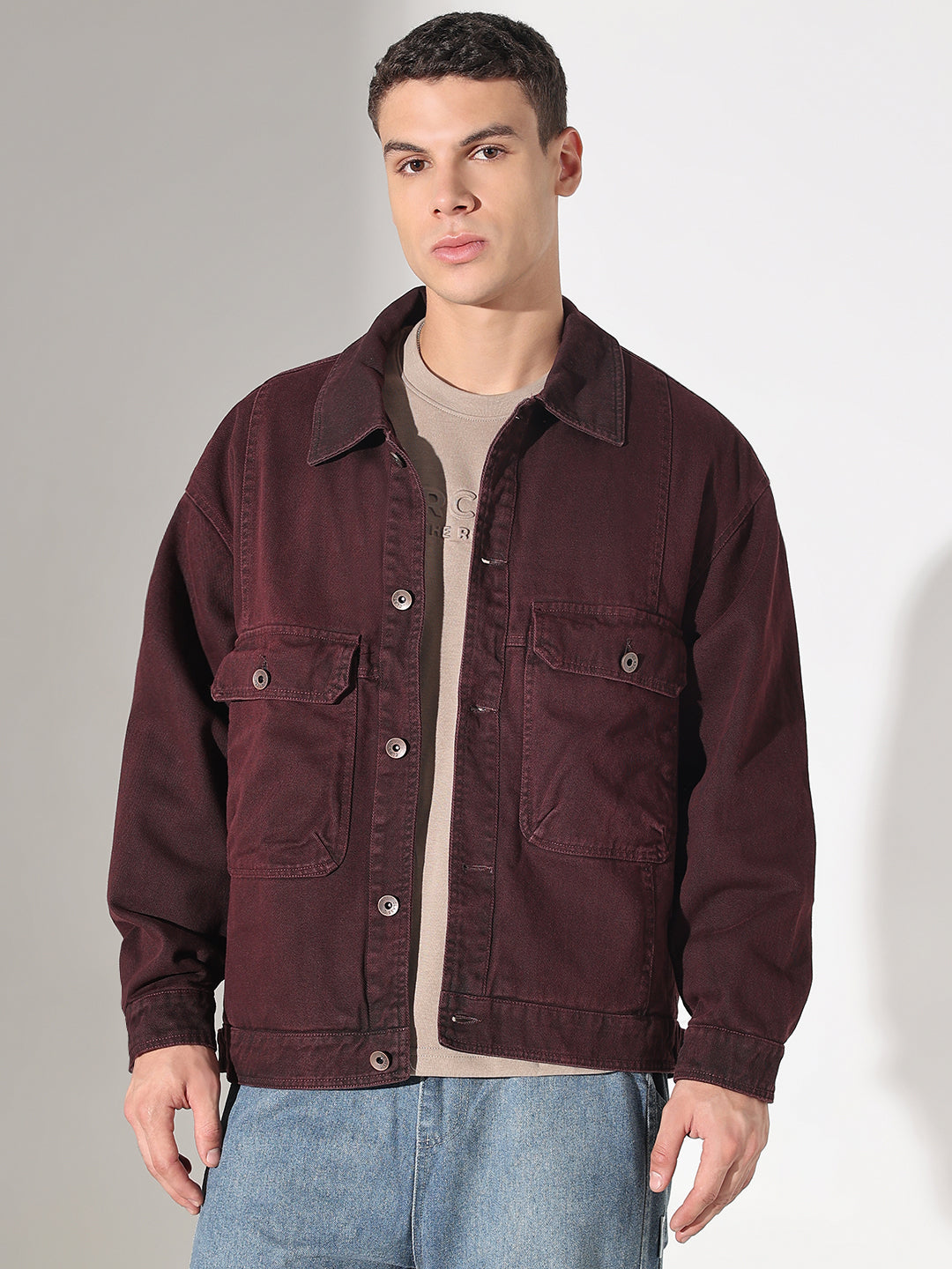 Men's Burgundy Washed Denim Jacket with Utility Pockets