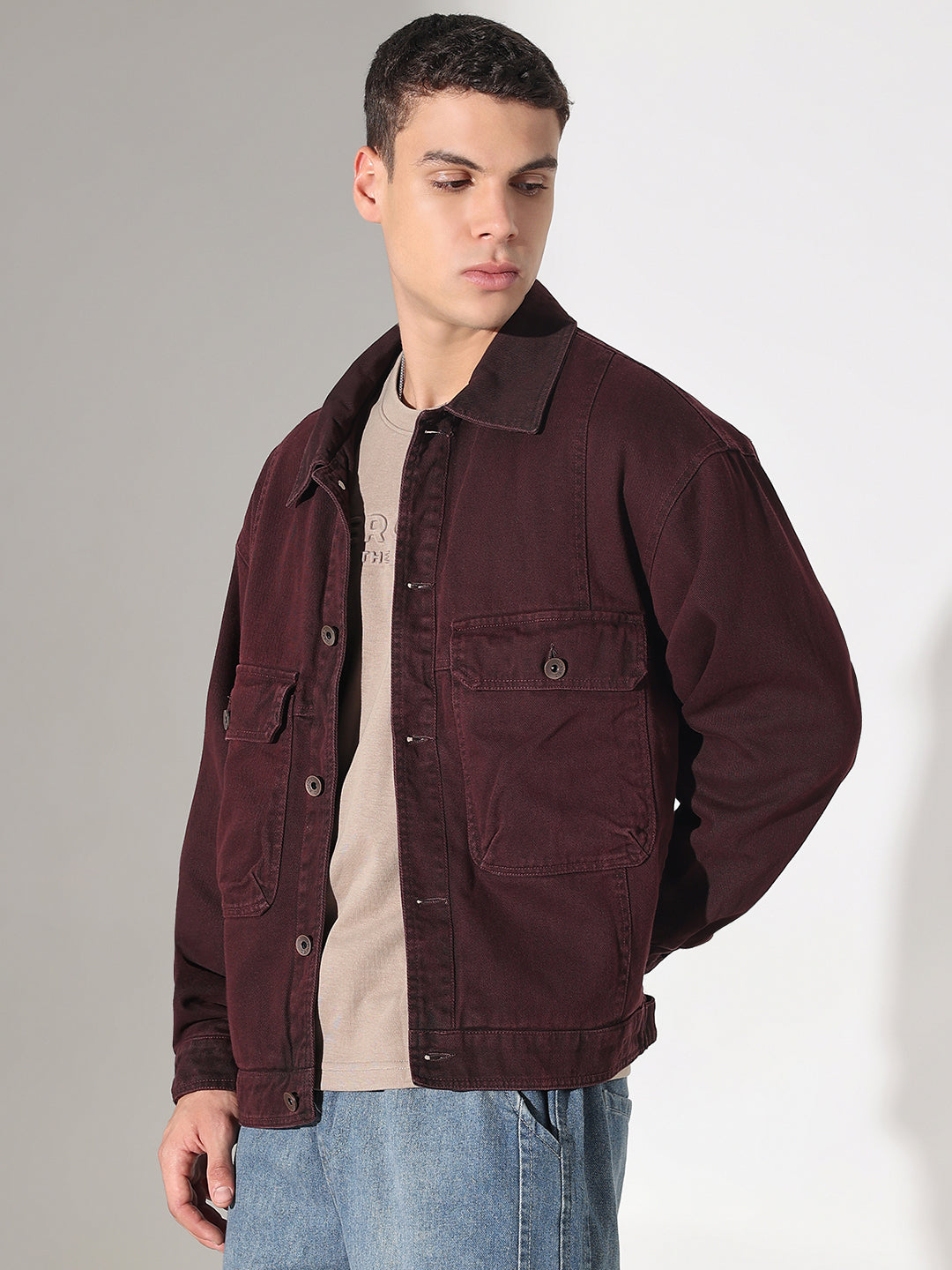 Men's Burgundy Washed Denim Jacket with Utility Pockets