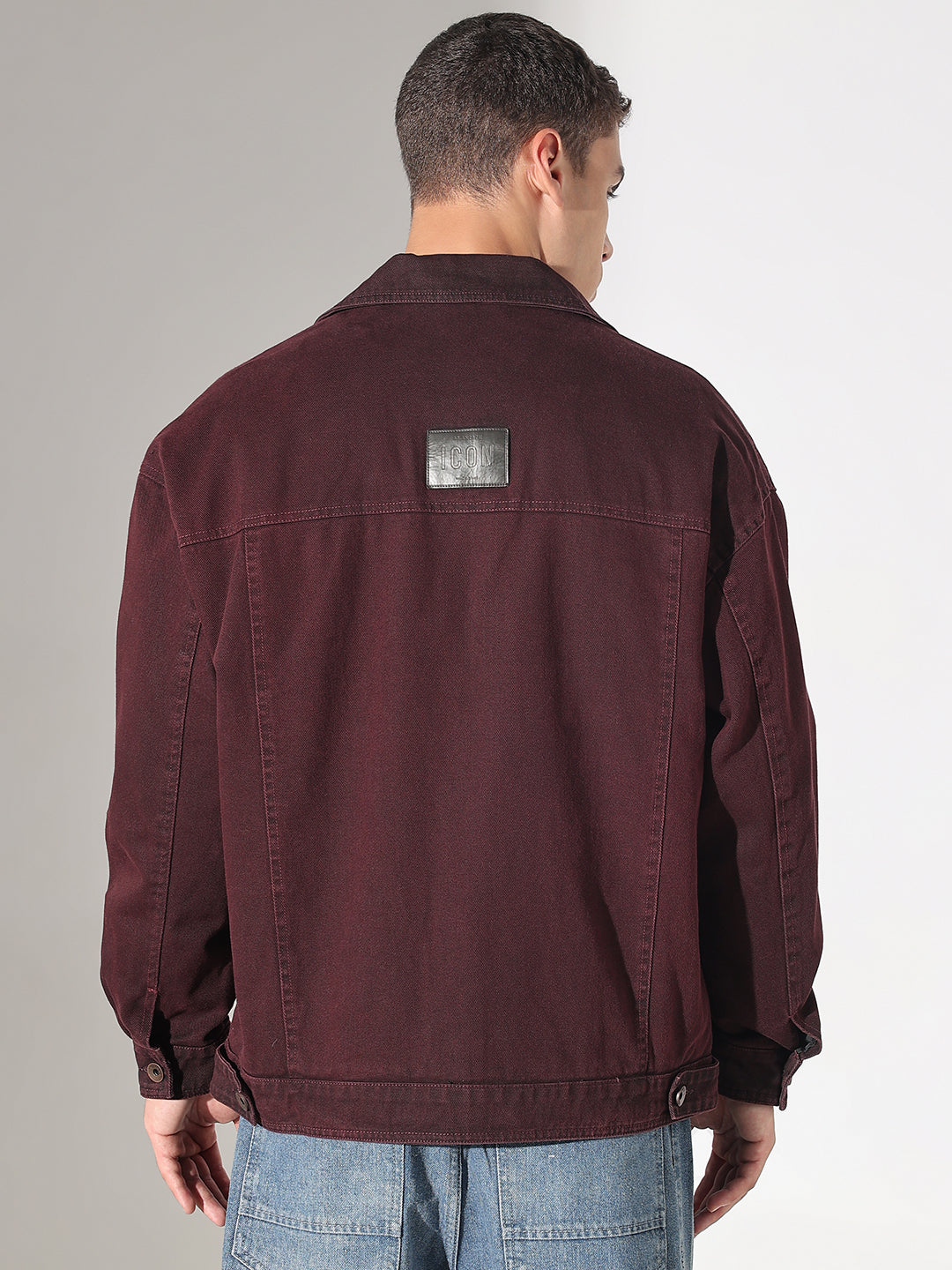 Men's Burgundy Washed Denim Jacket with Utility Pockets