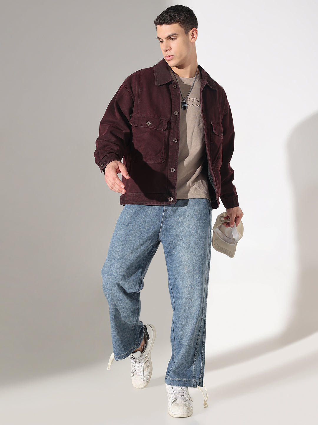 Men's Burgundy Washed Denim Jacket with Utility Pockets