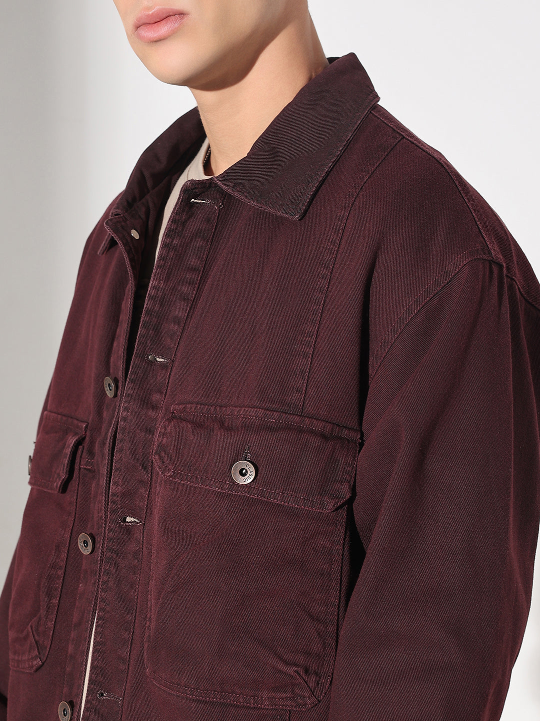 Men's Burgundy Washed Denim Jacket with Utility Pockets
