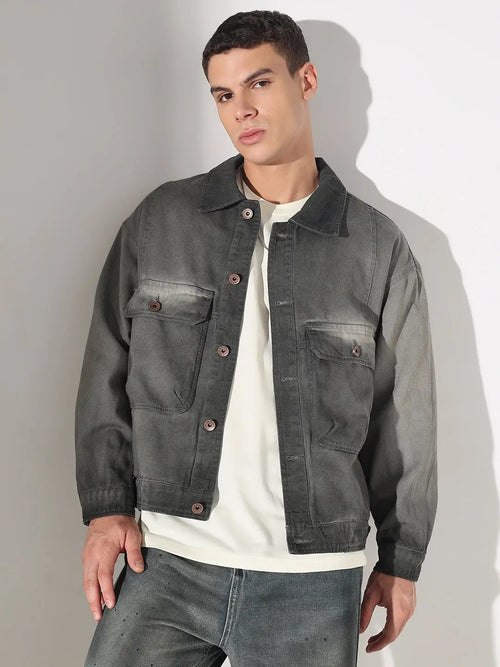 Men's Grey Washed Denim Jacket with Utility Pockets