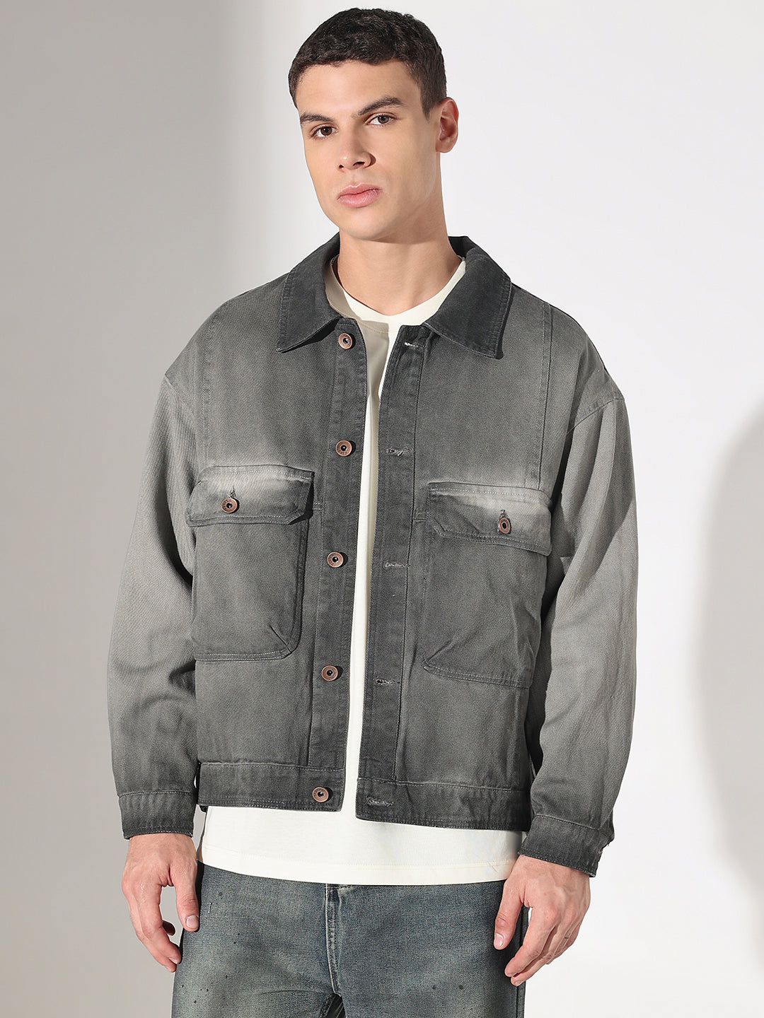 Men's Grey Washed Denim Jacket with Utility Pockets