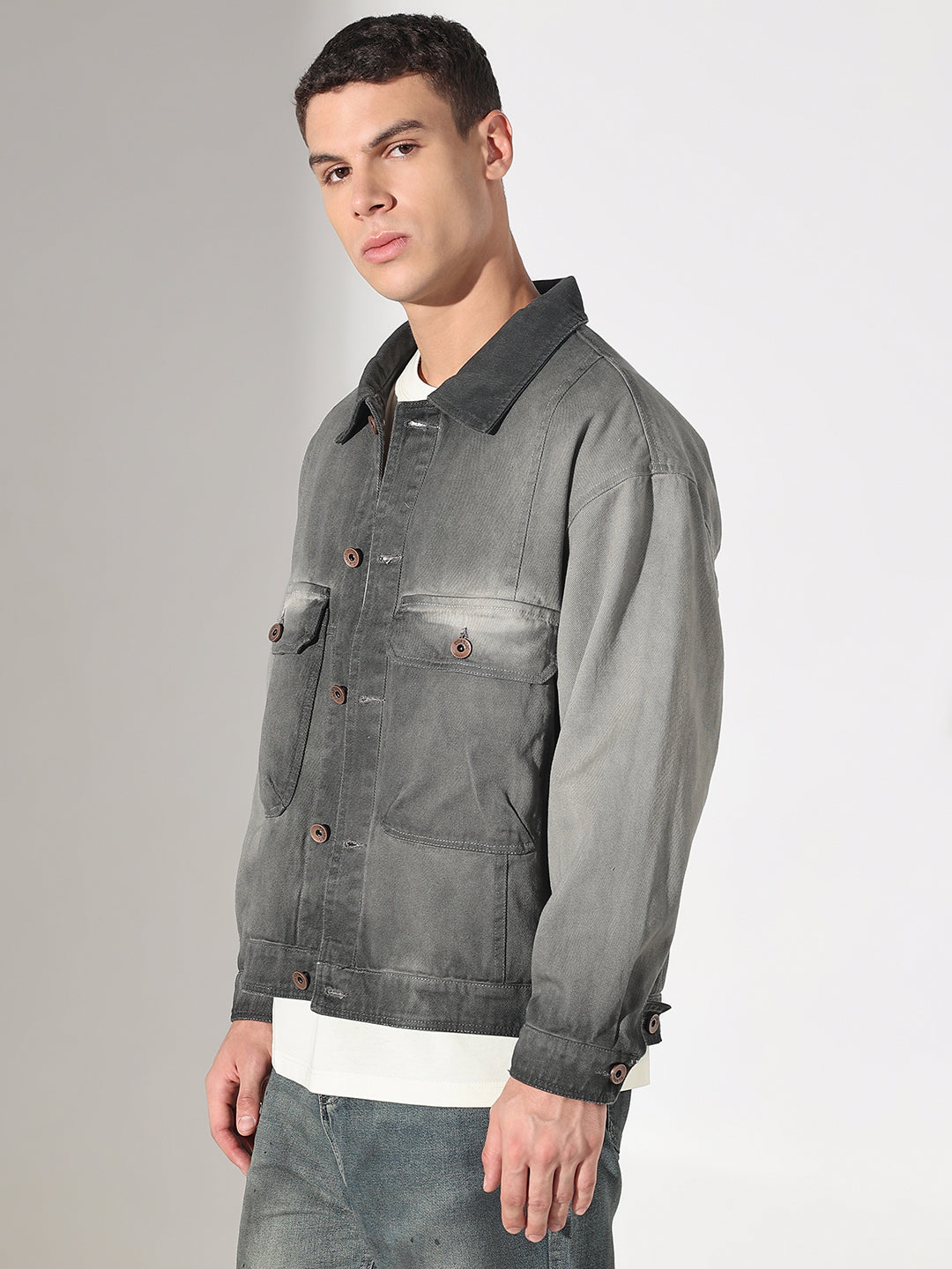 Men's Grey Washed Denim Jacket with Utility Pockets