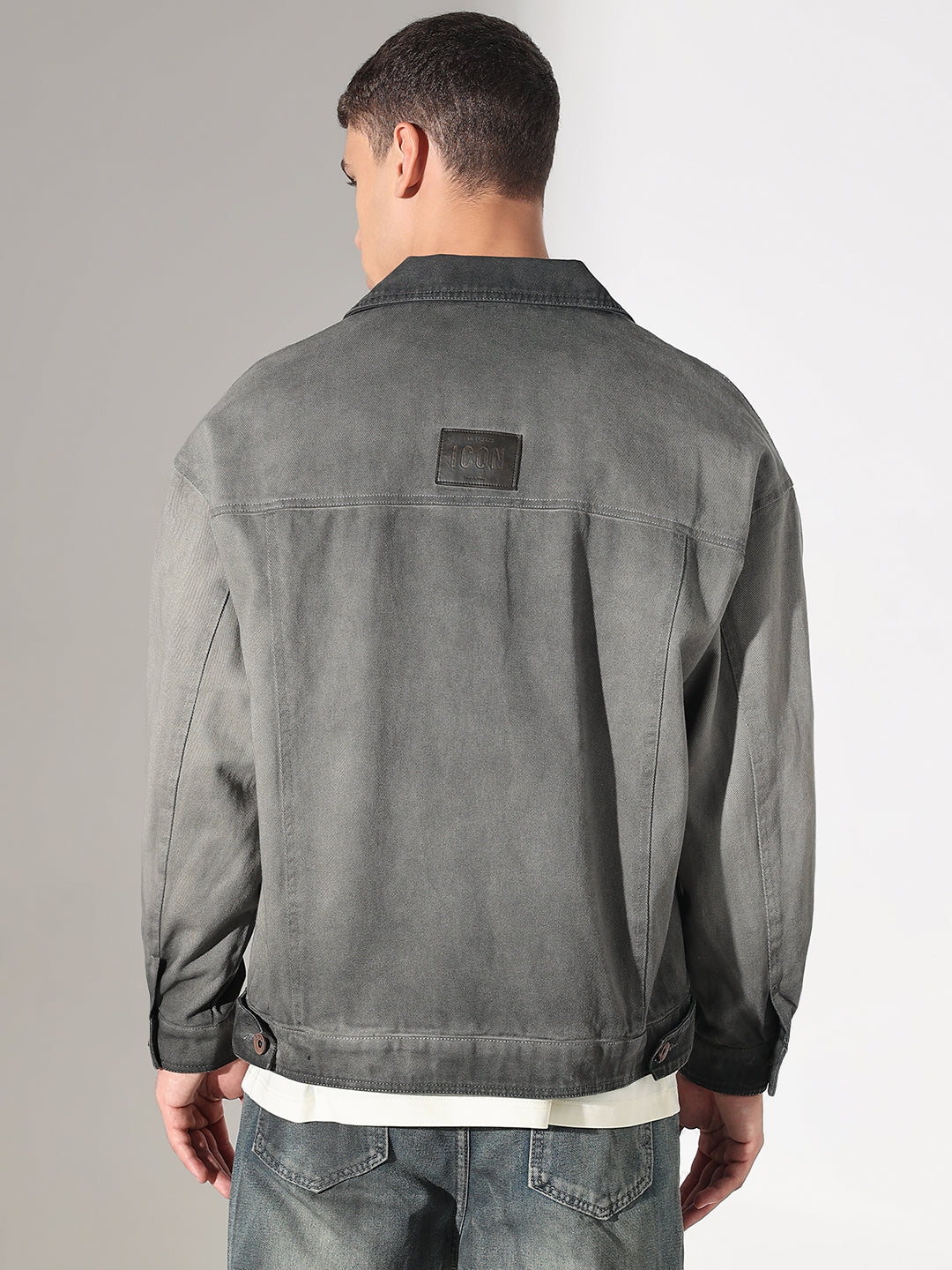 Men's Grey Washed Denim Jacket with Utility Pockets