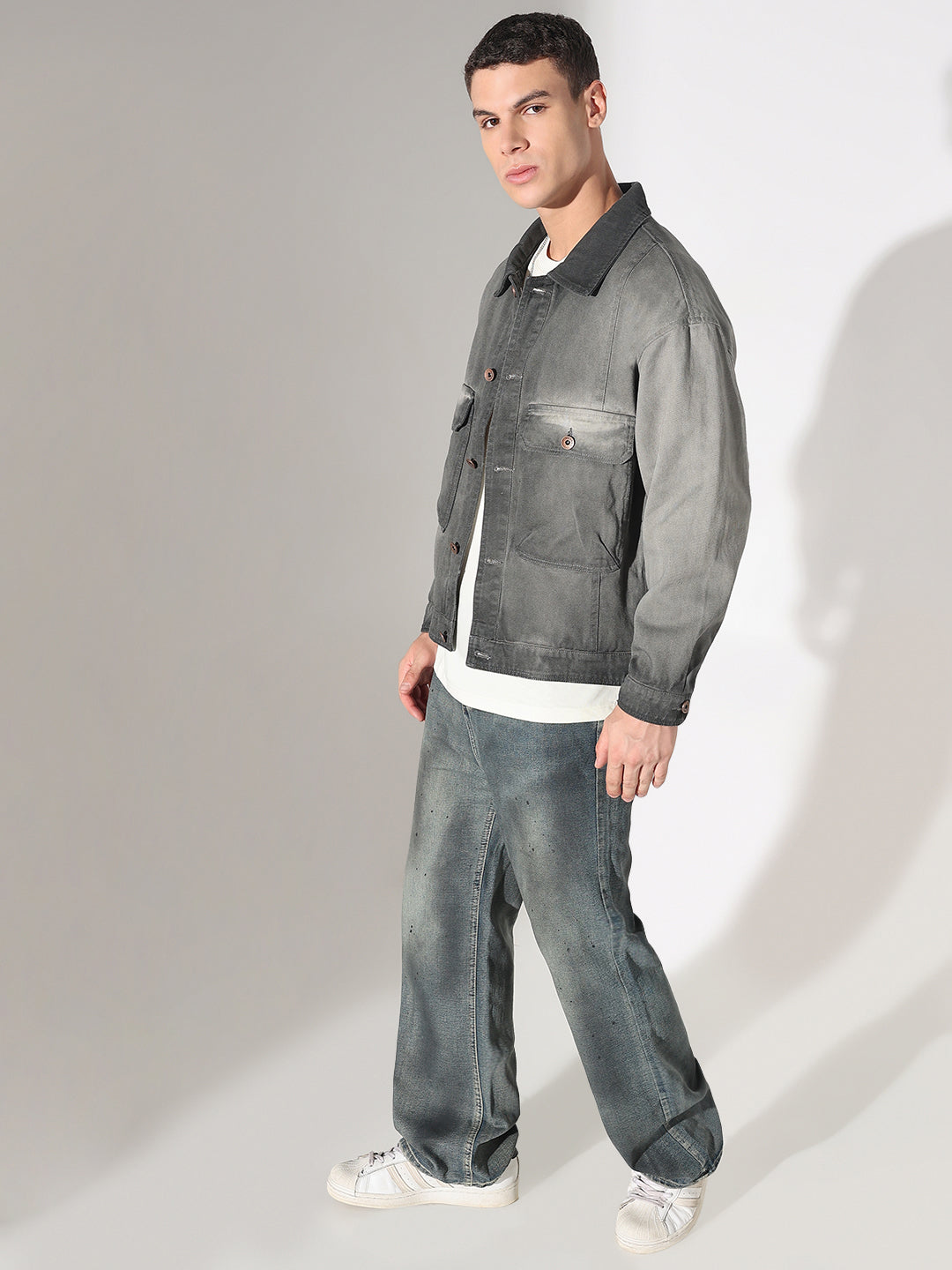 Men's Grey Washed Denim Jacket with Utility Pockets