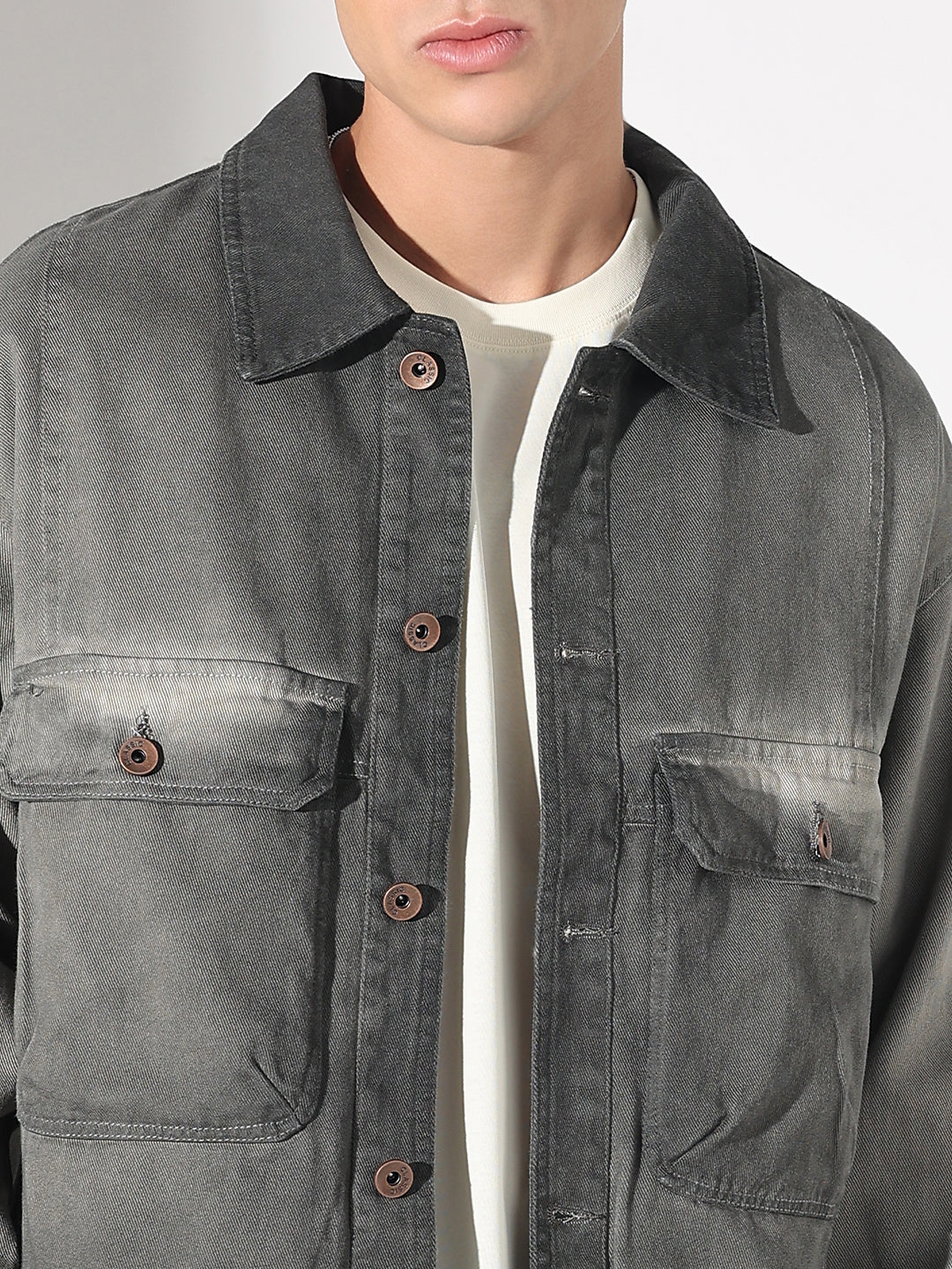 Men's Grey Washed Denim Jacket with Utility Pockets