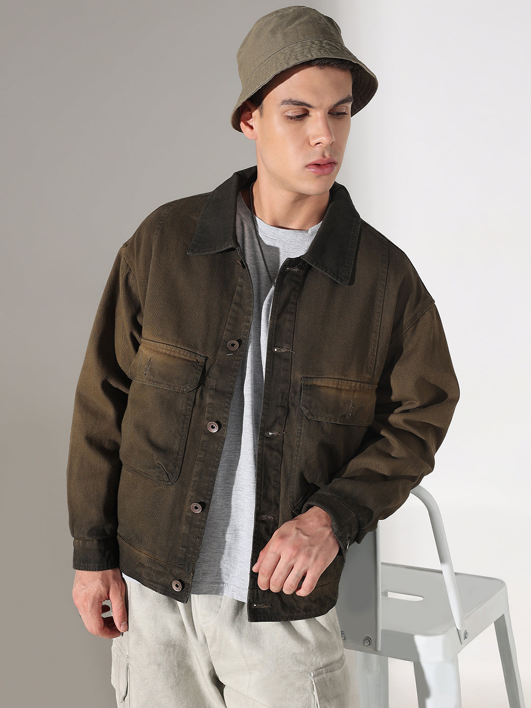 Men's Olive Washed Denim Jacket with Utility Pockets