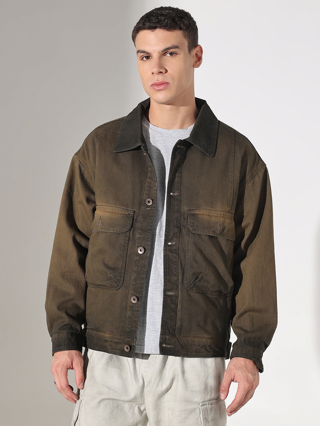 Men's Olive Washed Denim Jacket with Utility Pockets