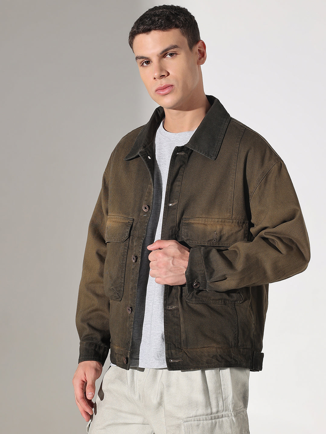 Men's Olive Washed Denim Jacket with Utility Pockets