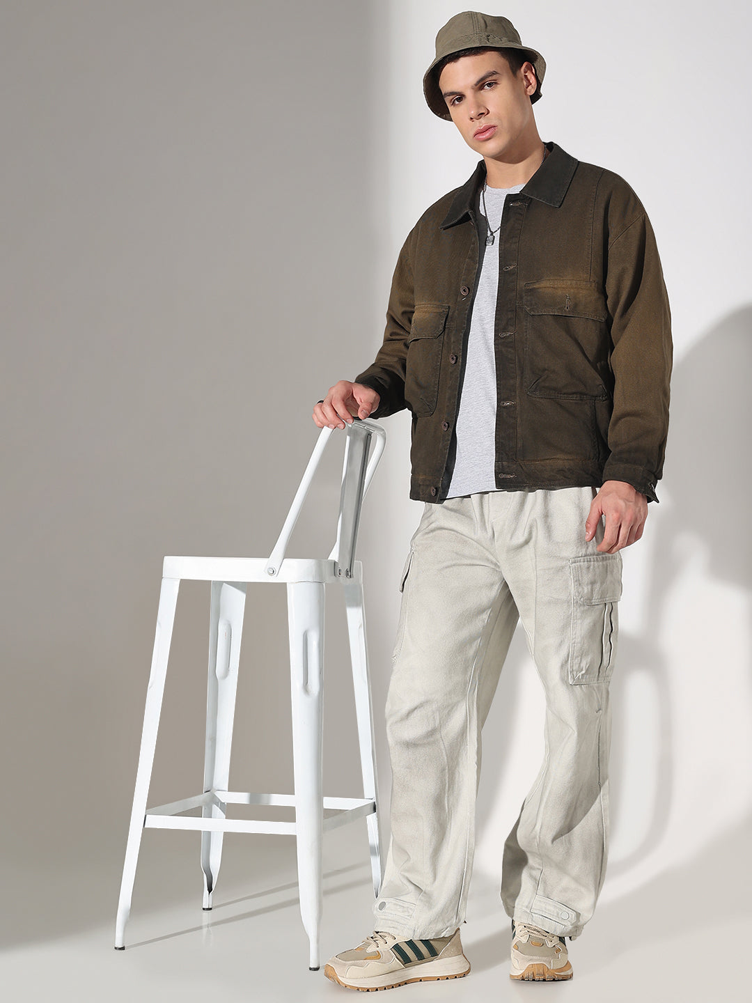 Men's Olive Washed Denim Jacket with Utility Pockets