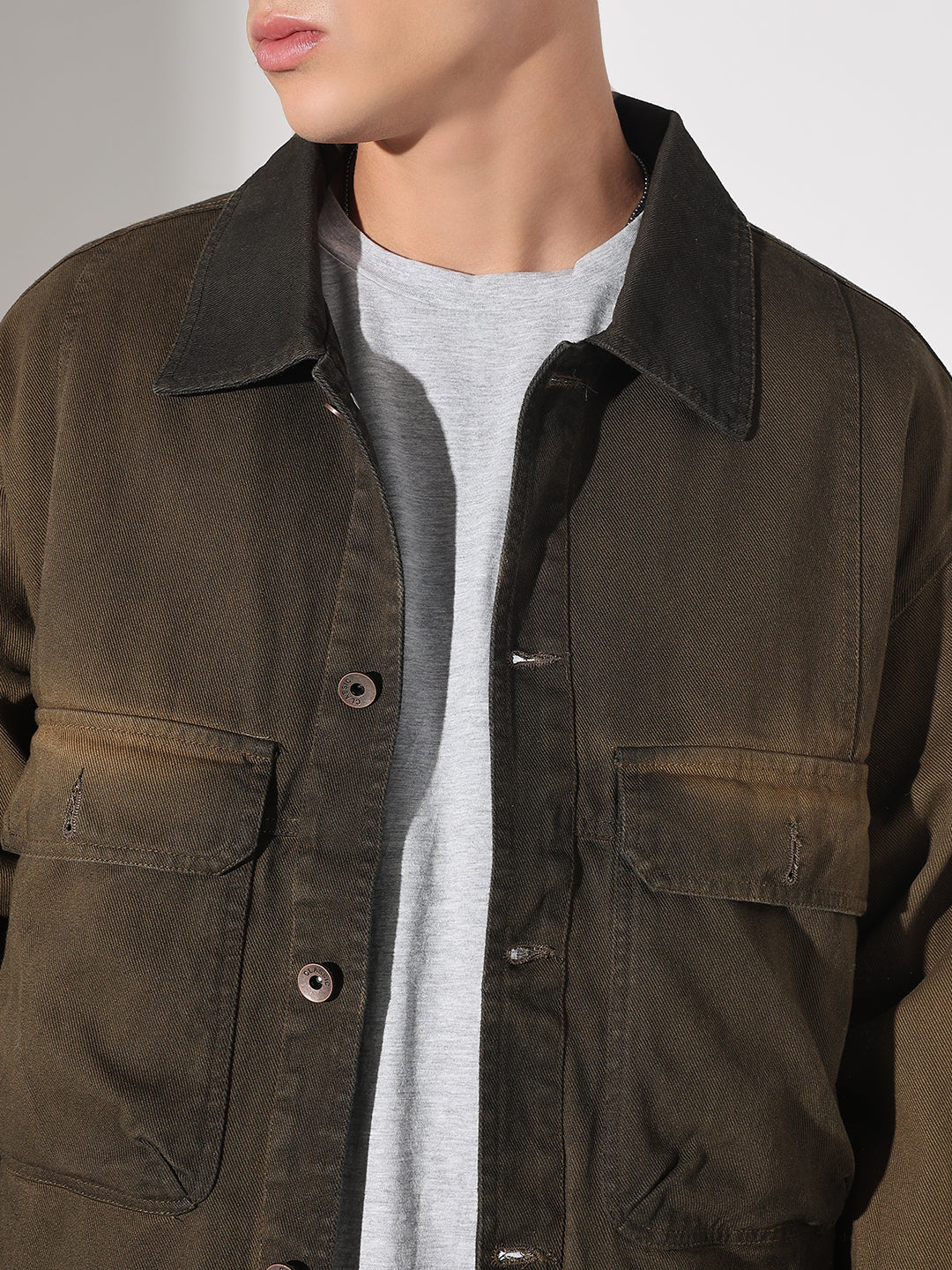 Men's Olive Washed Denim Jacket with Utility Pockets