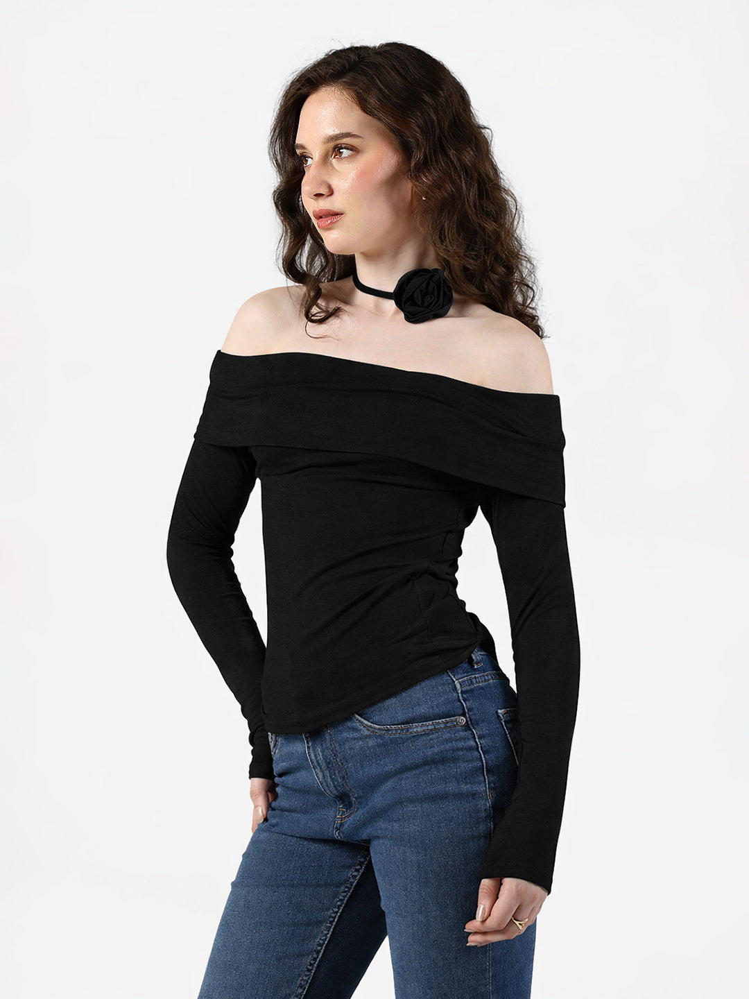 Women's Black Off Shoulder Top with Rose Choker Detail