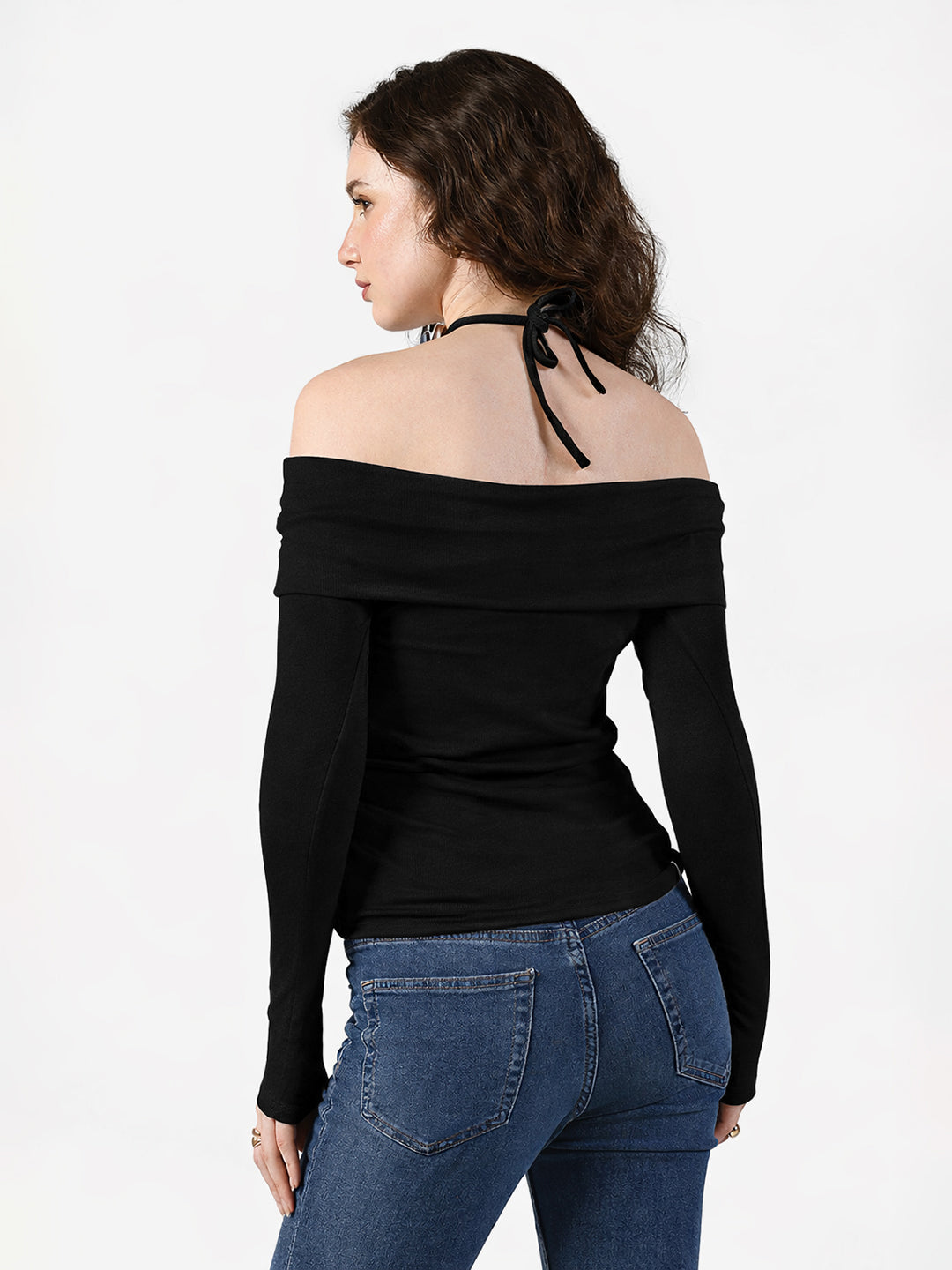 Women's Black Off Shoulder Top with Rose Choker Detail