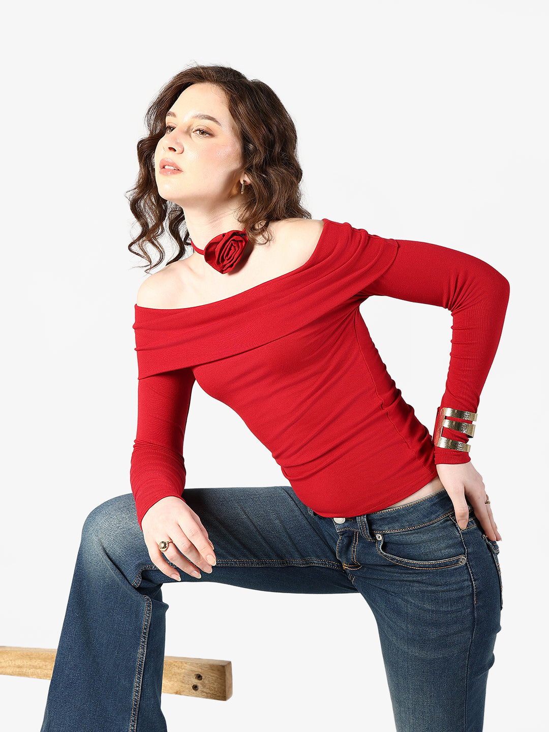 Women's Red Off Shoulder Top with Rose Choker Detail