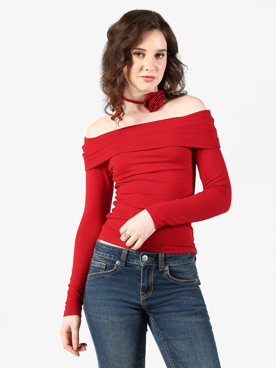Women's Red Off Shoulder Top with Rose Choker Detail