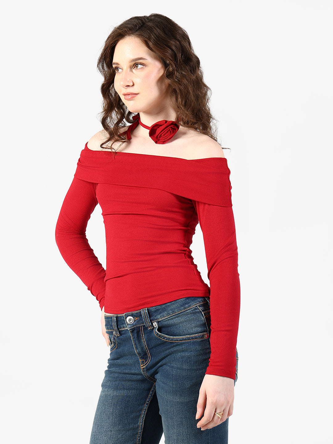 Women's Red Off Shoulder Top with Rose Choker Detail