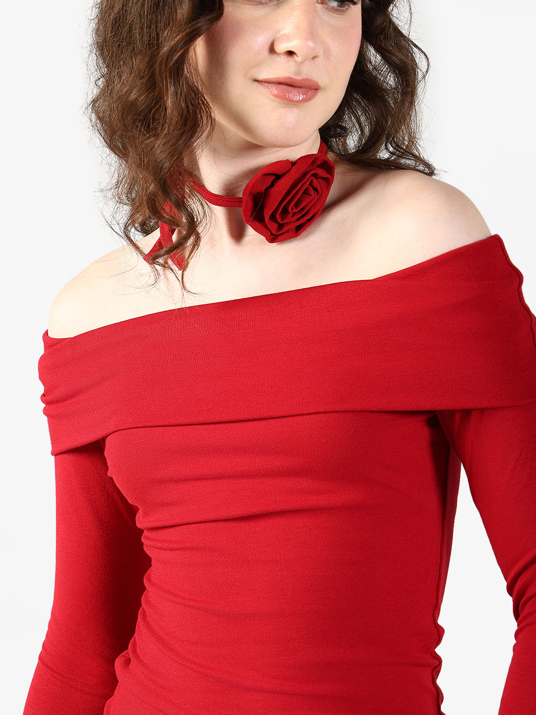 Women's Red Off Shoulder Top with Rose Choker Detail