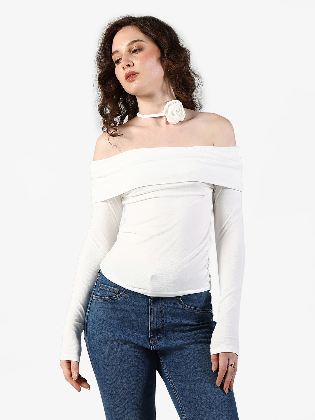 Women's White Off Shoulder Top with Rose Choker Detail