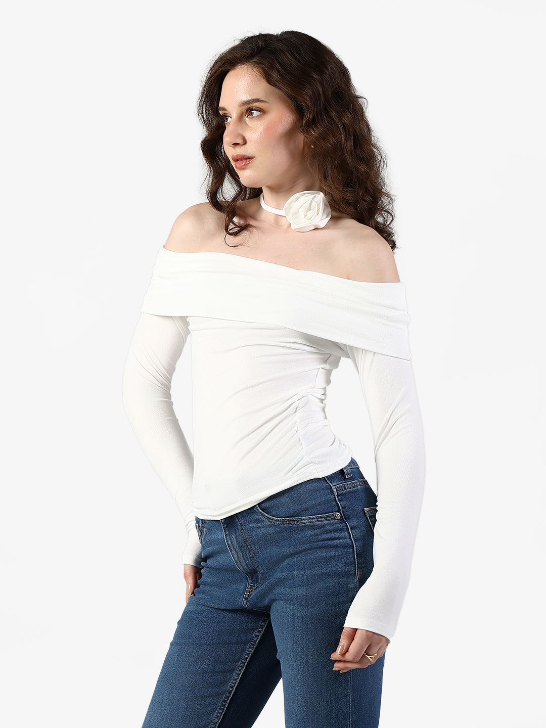 Women's White Off Shoulder Top with Rose Choker Detail