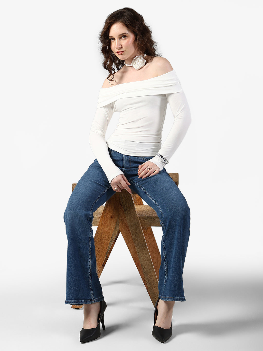 Women's White Off Shoulder Top with Rose Choker Detail