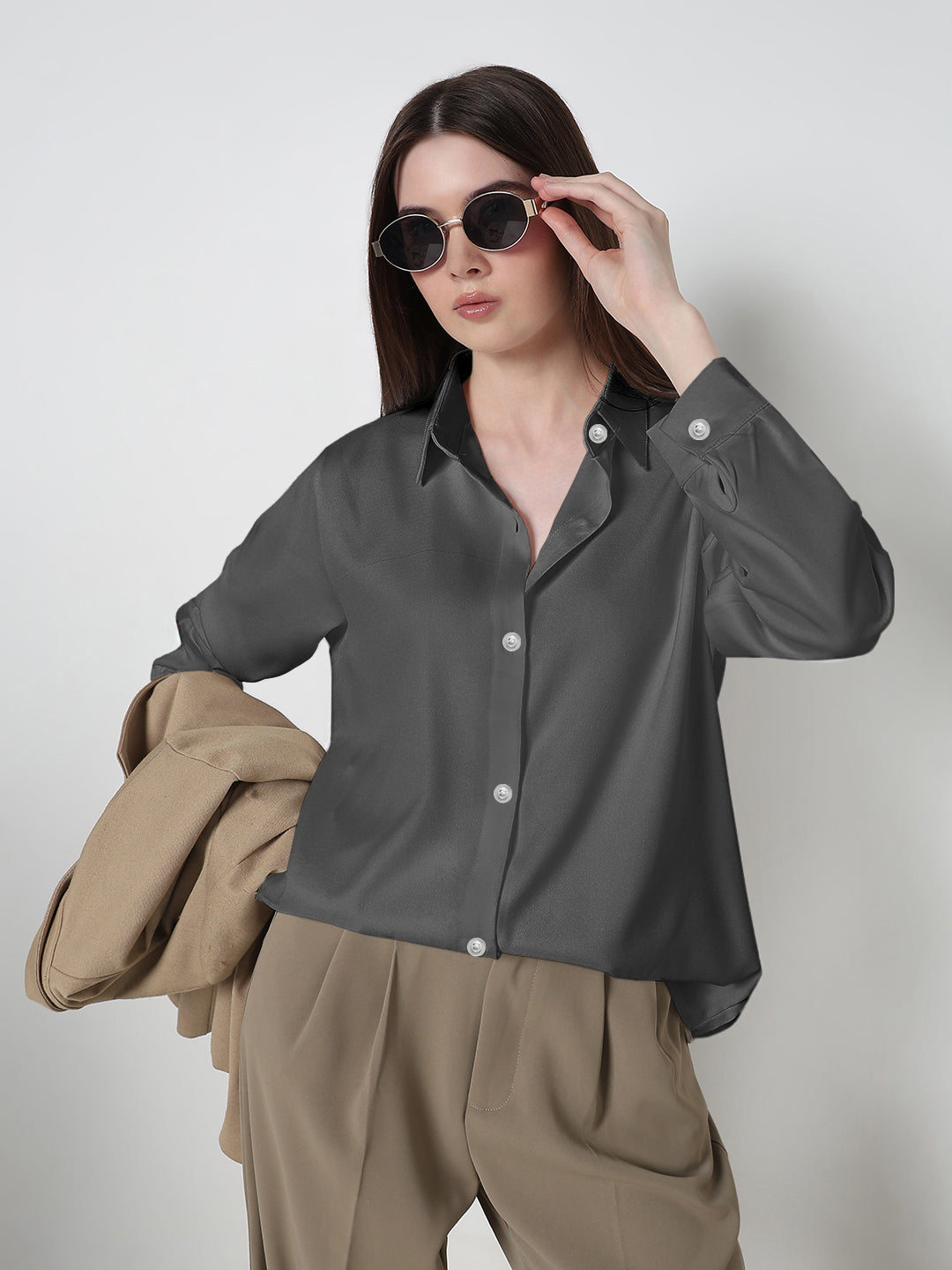 Women’s Grey Long Sleeve Button-Down Relaxed Fit Shirt