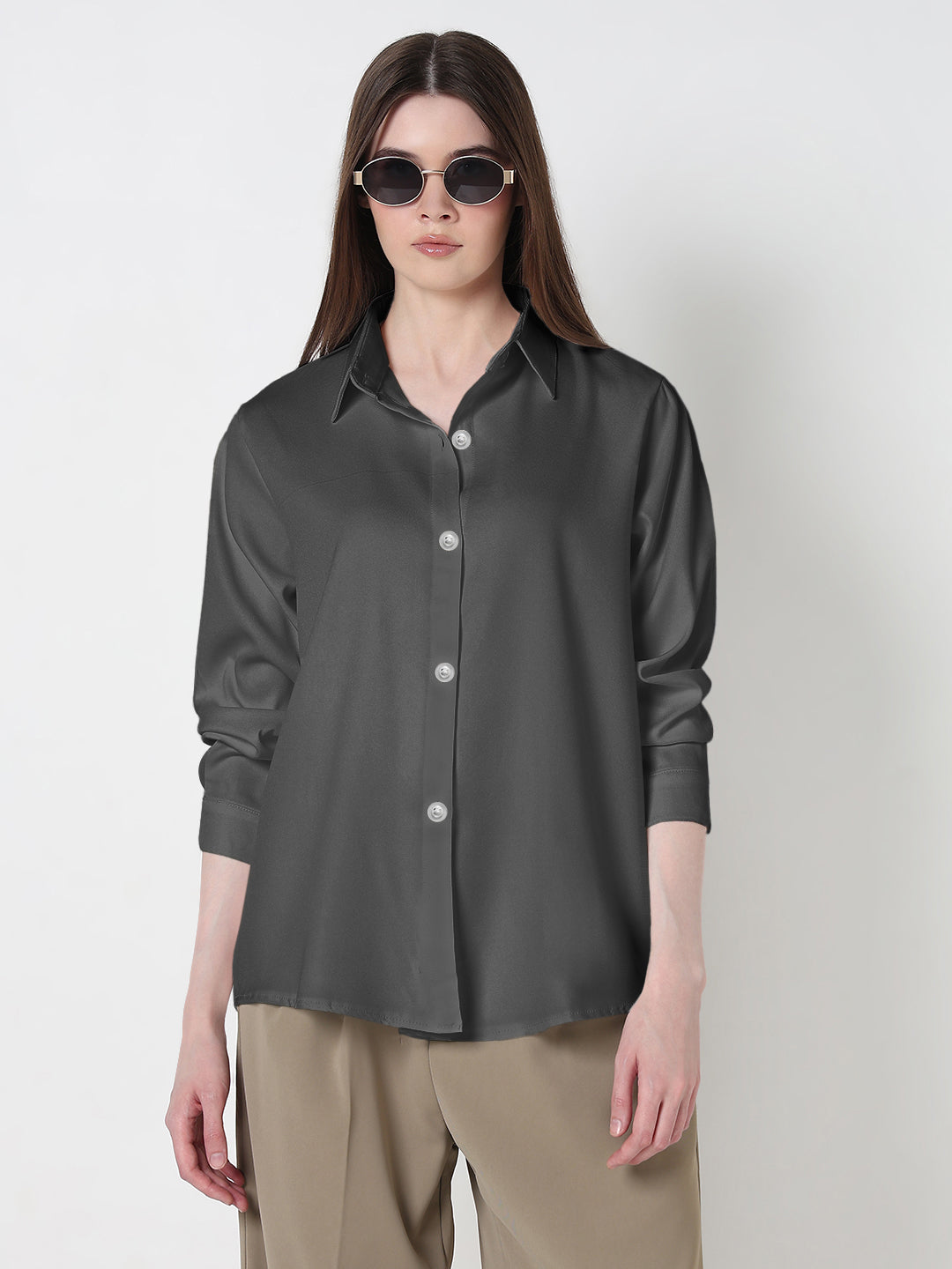 Women’s Grey Long Sleeve Button-Down Relaxed Fit Shirt