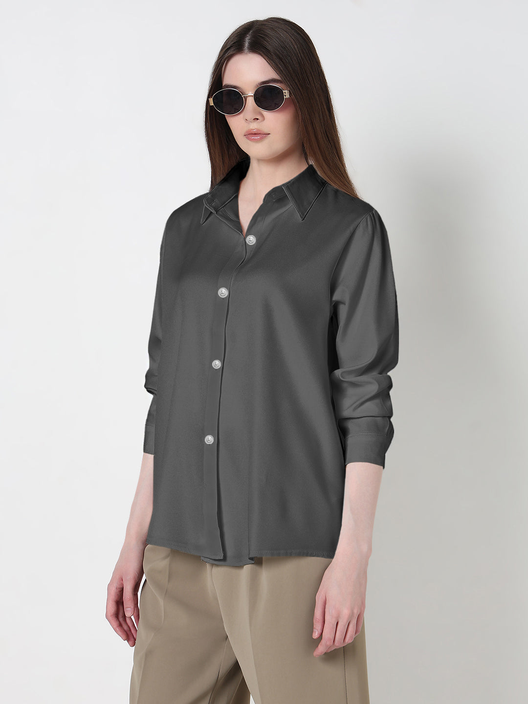 Women’s Grey Long Sleeve Button-Down Relaxed Fit Shirt