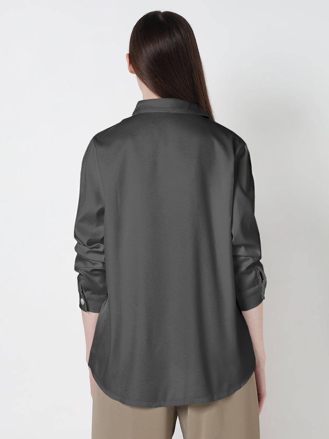 Women’s Grey Long Sleeve Button-Down Relaxed Fit Shirt