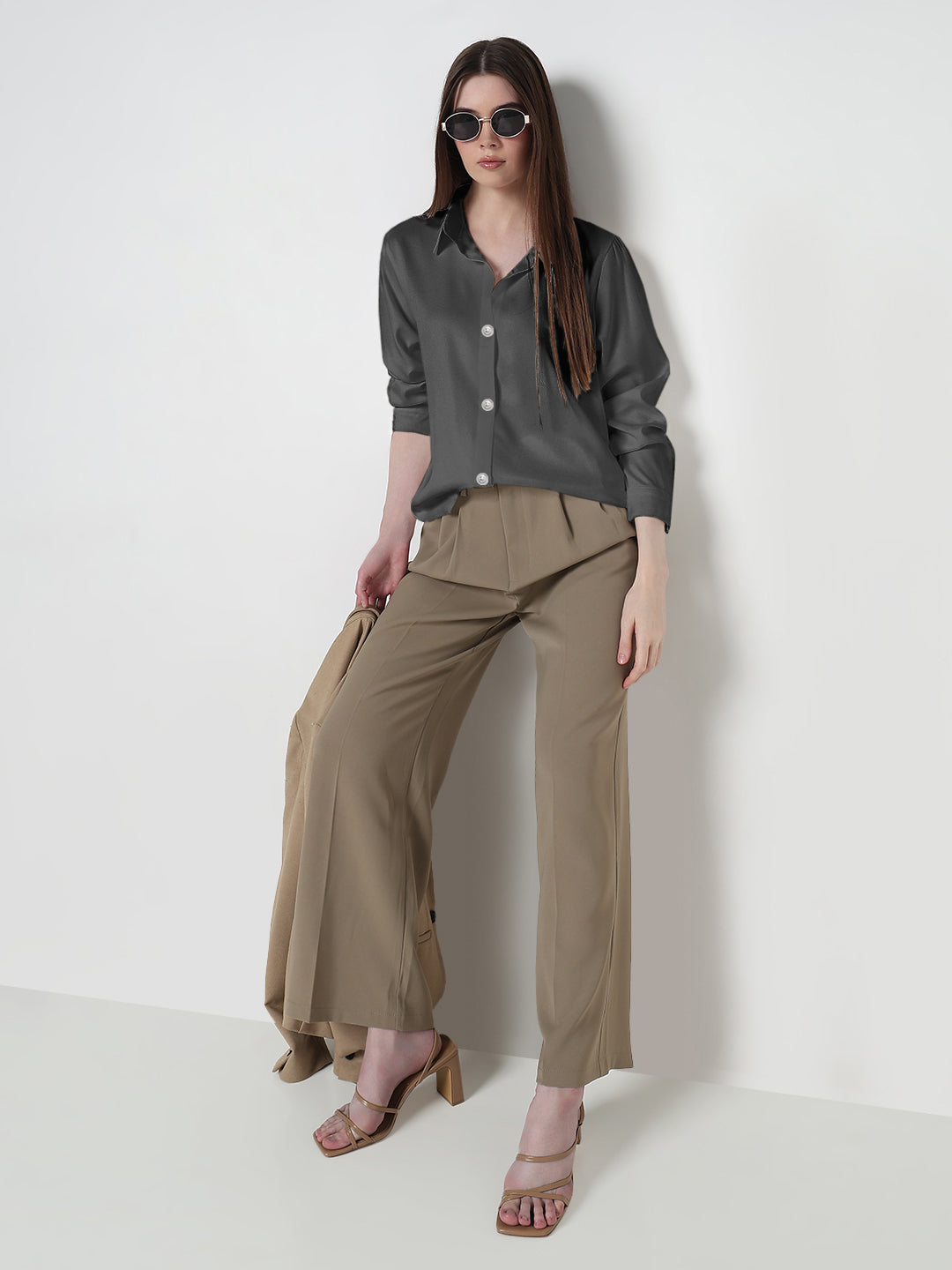 Women’s Grey Long Sleeve Button-Down Relaxed Fit Shirt