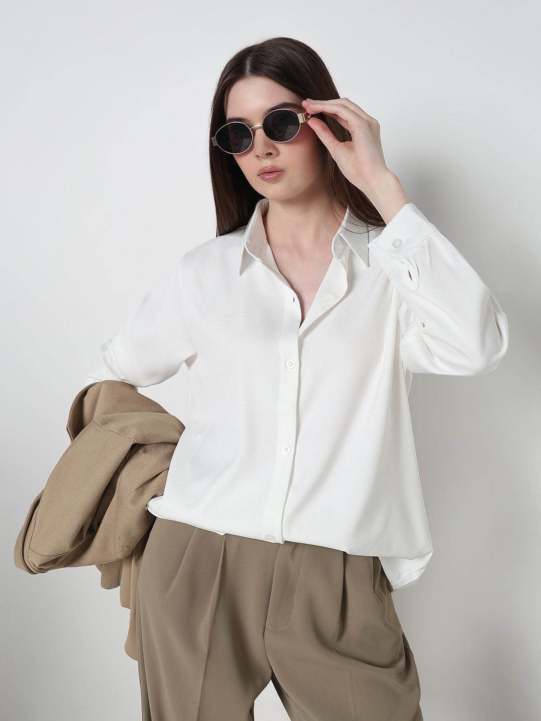 Women's White Long Sleeve Button-Down Relaxed Fit Shirt