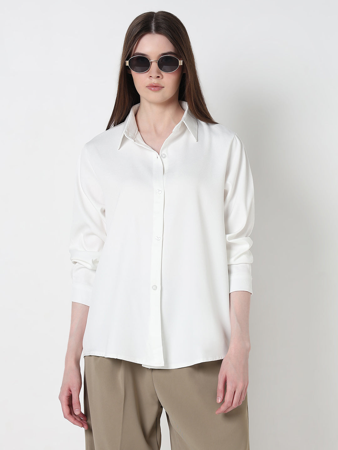 Women's White Long Sleeve Button-Down Relaxed Fit Shirt