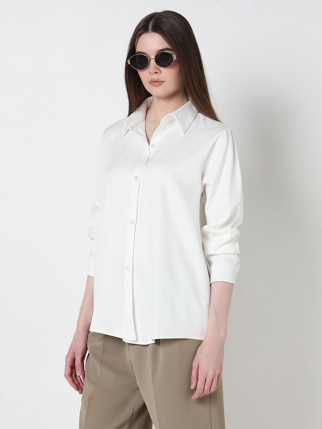Women's White Long Sleeve Button-Down Relaxed Fit Shirt