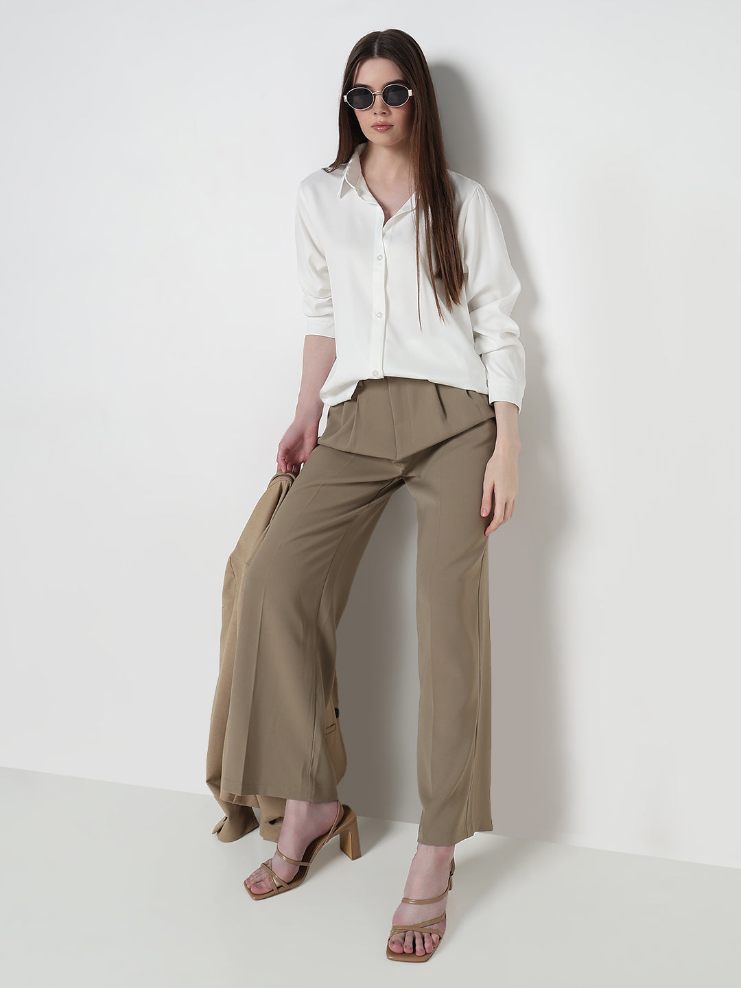 Women's White Long Sleeve Button-Down Relaxed Fit Shirt