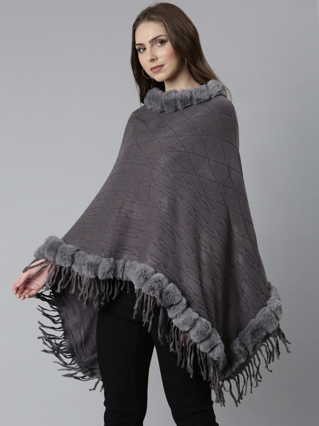 Women's Grey Self Design Fringed Detail Poncho