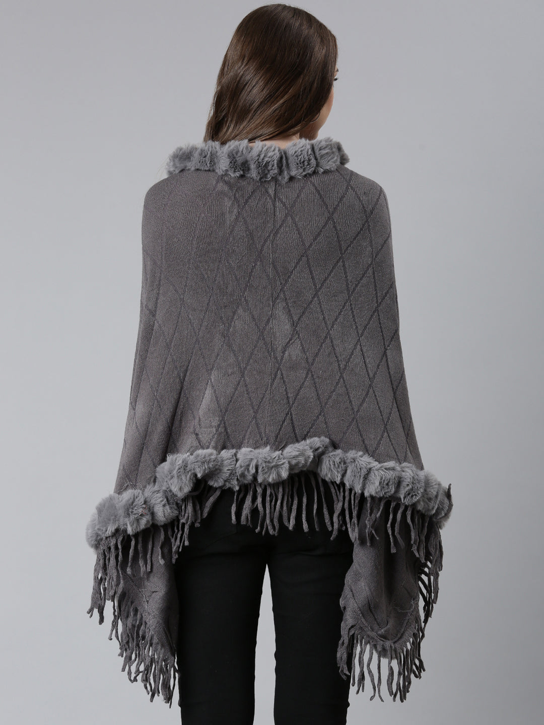 Women's Grey Self Design Fringed Detail Poncho