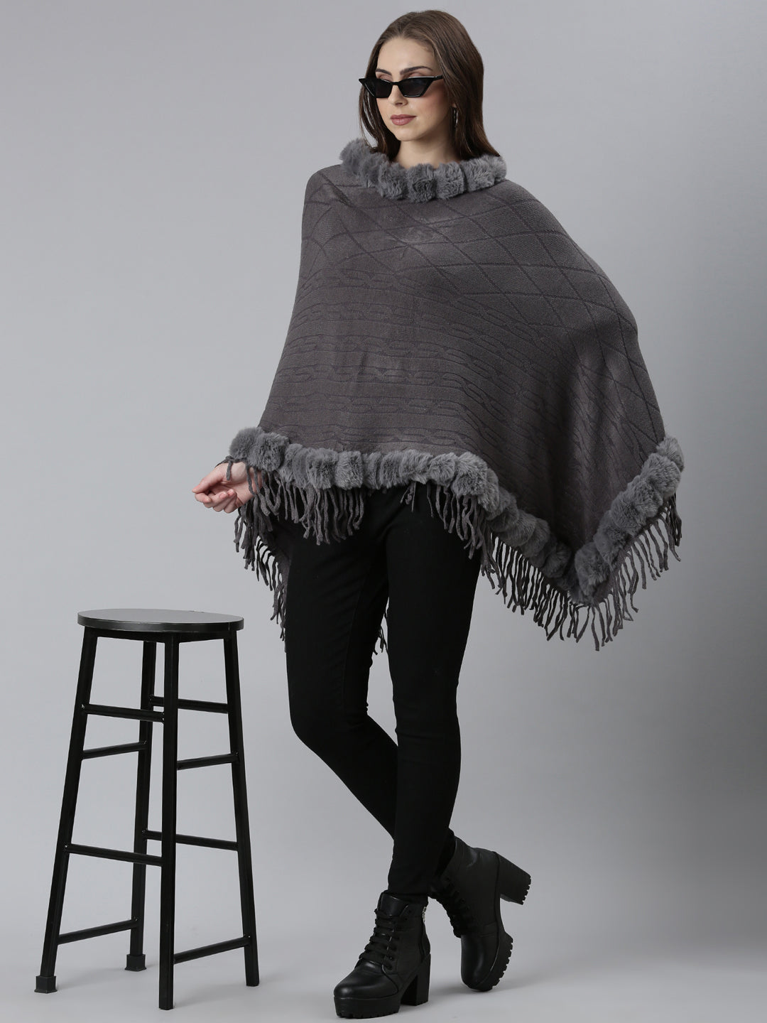 Women's Grey Self Design Fringed Detail Poncho