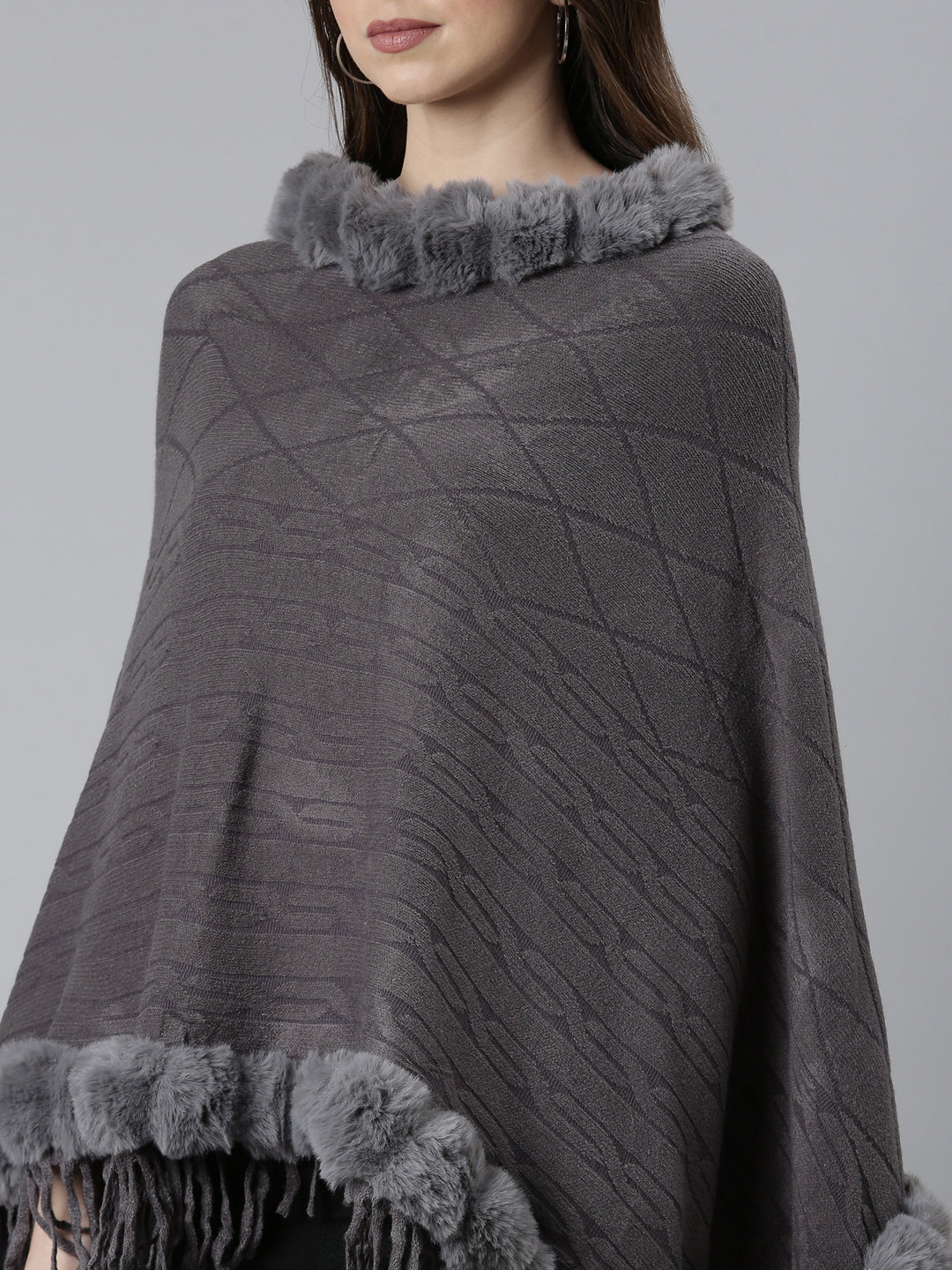 Women's Grey Self Design Fringed Detail Poncho