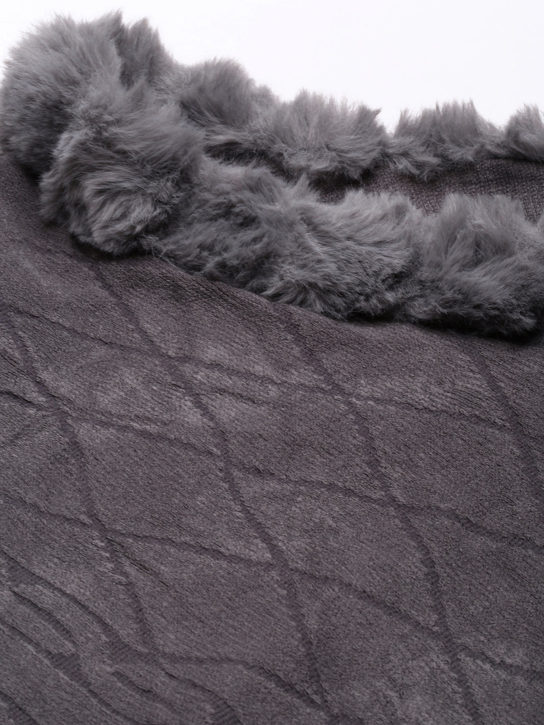 Women's Grey Self Design Fringed Detail Poncho