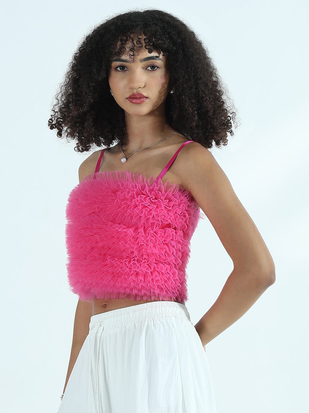 Women's Ruffle Pink Net Crop Top with Shoulder Straps