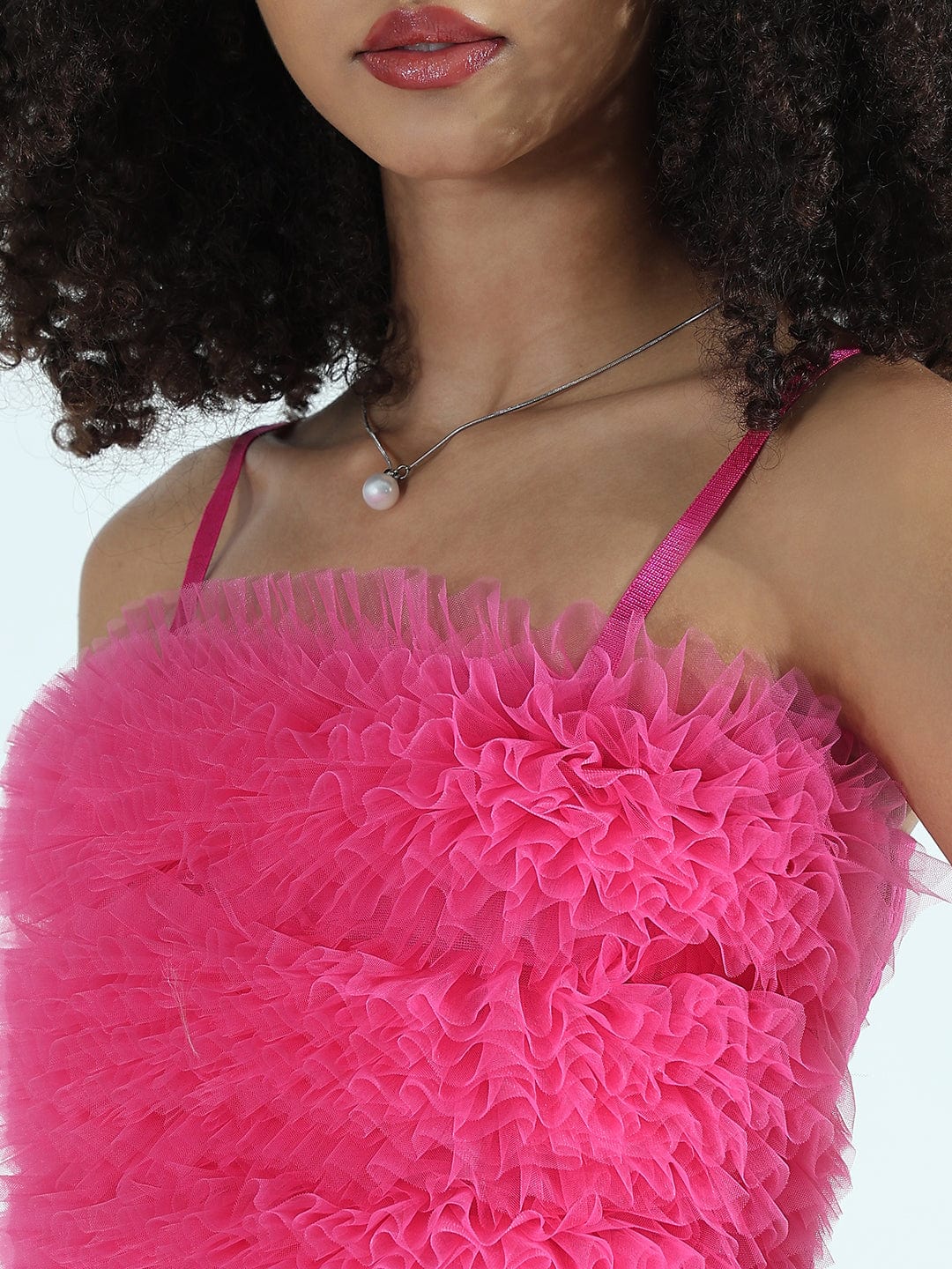 Women's Ruffle Pink Net Crop Top with Shoulder Straps